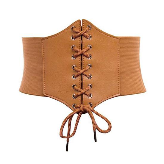 Damen Korsett Elastischer Bund Schnürung Breiter Gürtel Einfarbig Kunstleder Outfits Kleider Tops Taillenmieder kamelfarben von Joom DACH