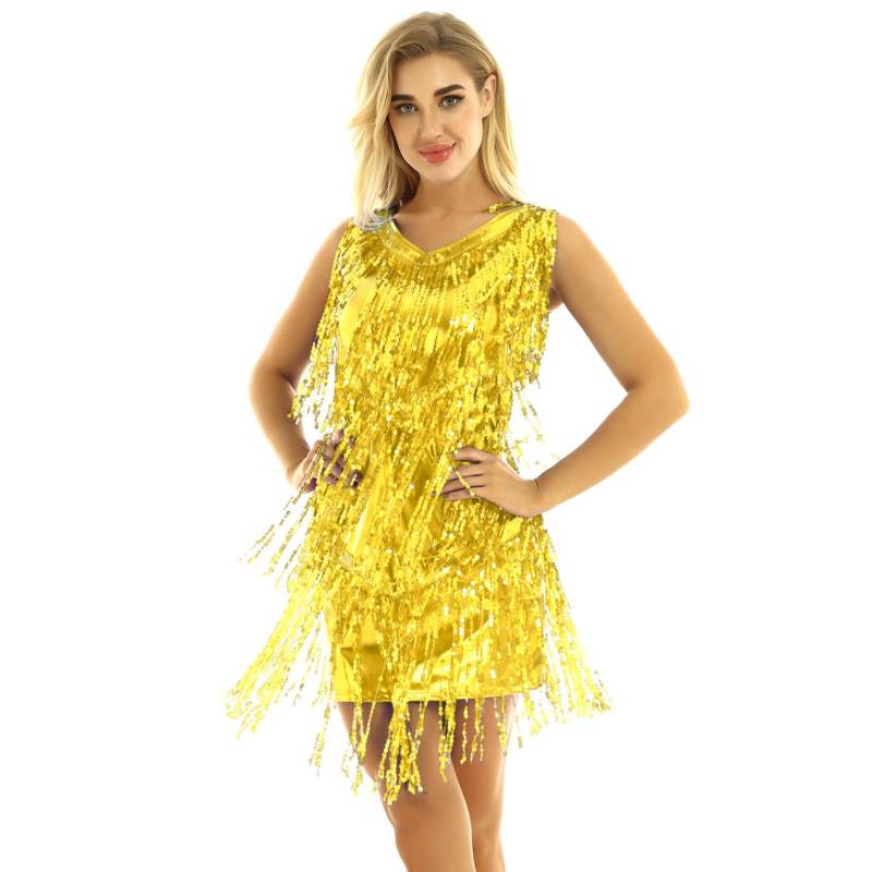 Damen-Kostüm, Tanzkostüm, Cocktail-Abendkleid, Damenbekleidung, Sommerkleider, Fransenkleider 2XL gold von Joom DACH
