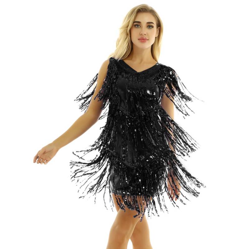 Damen-Kostüm, Tanzkostüm, Cocktail-Abendkleid, Damenbekleidung, Sommerkleider, Fransenkleider L schwarz von Joom DACH