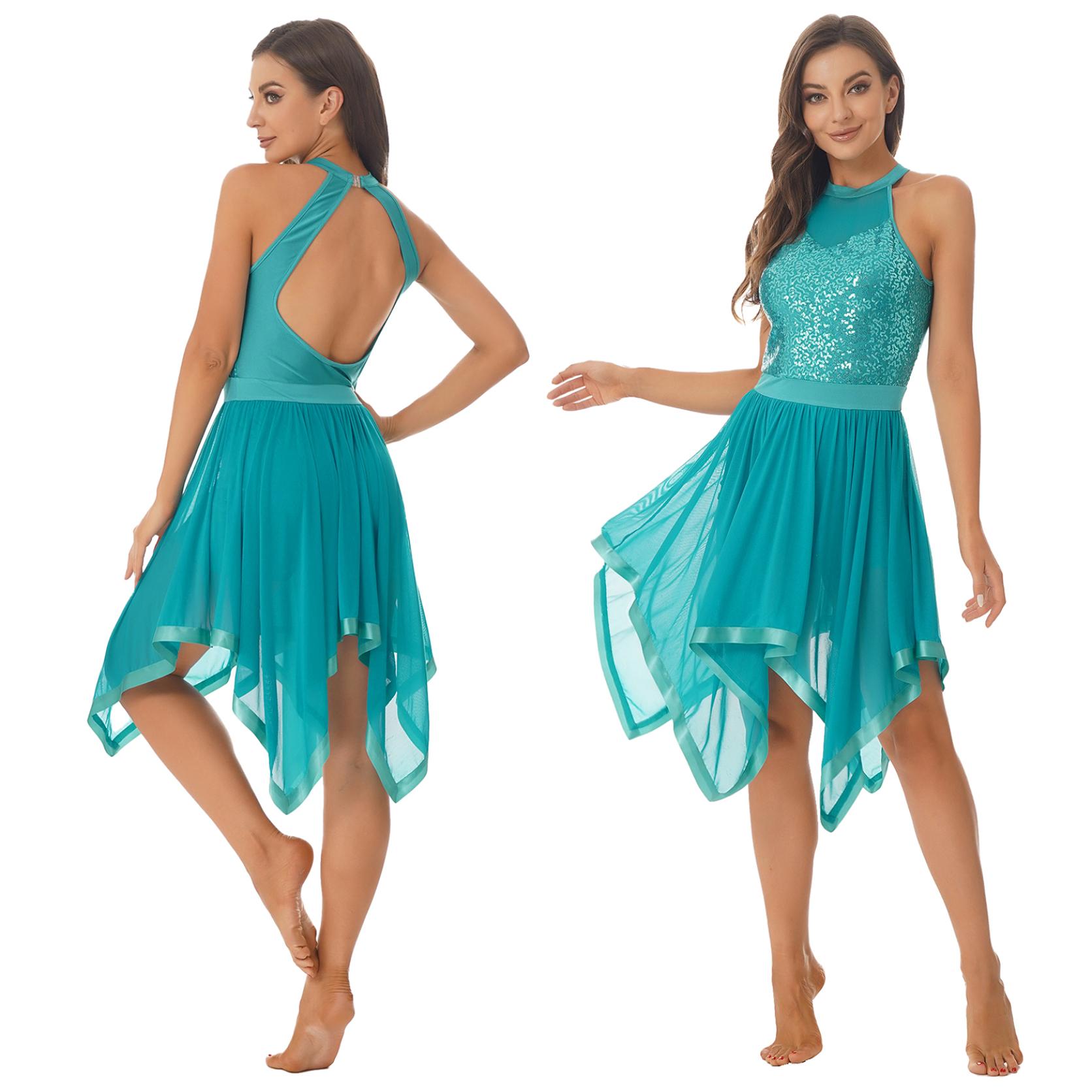 Damen-Kostüme für zeitgenössischen Tanz, High-Low-Lyrik-Tanzkleid, Pailletten-Kostüme für modernen Tanz XL grün von Joom DACH