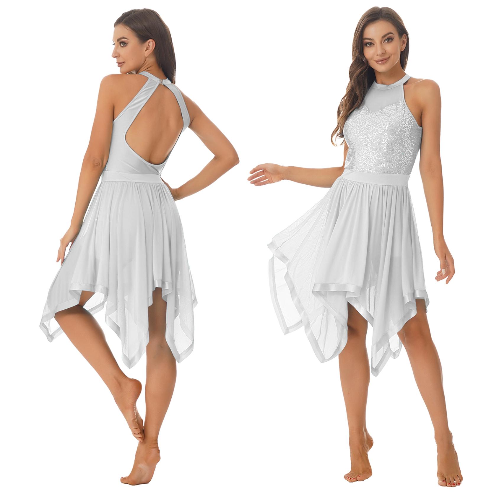 Damen-Kostüme für zeitgenössischen Tanz, High-Low-Lyrik-Tanzkleid, Pailletten-Kostüme für modernen Tanz XL weiß von Joom DACH