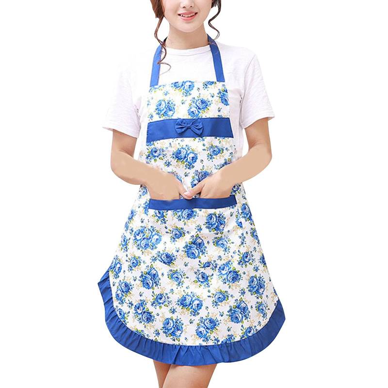Damen-Küchenschürze mit Blumenmuster, Taschen und verstellbarem Taillengürtel, wasserdichte Damen-Latzschürze One Size blau von Joom DACH