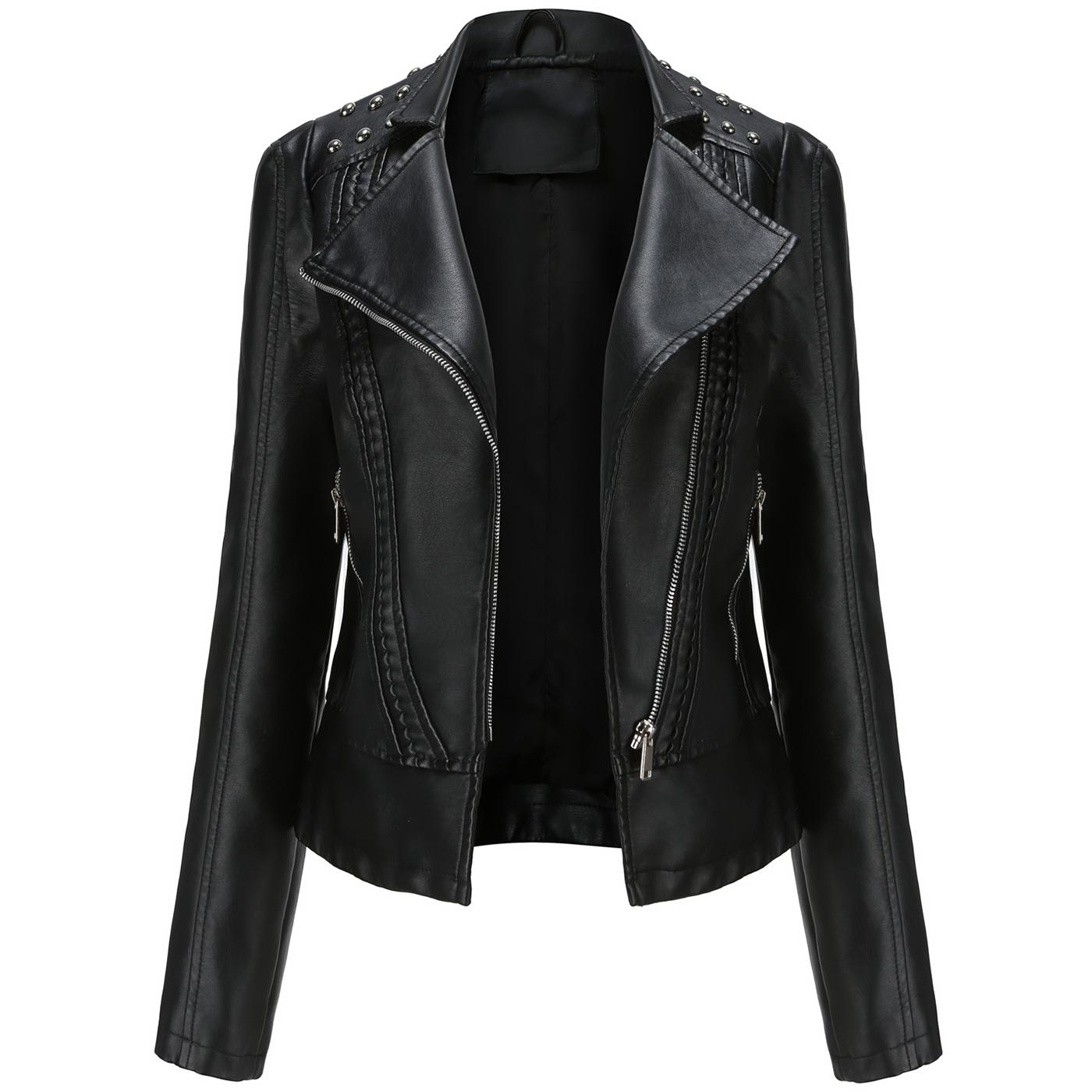 Damen Kunstlederjacke Moto Biker Kurzmantel PU Motorrad Racer Reverskragen Crop Blazer Punk Rock Stilvolle Oberbekleidung mit Nieten Fashion Tops Outfit XS schwarz von Joom DACH