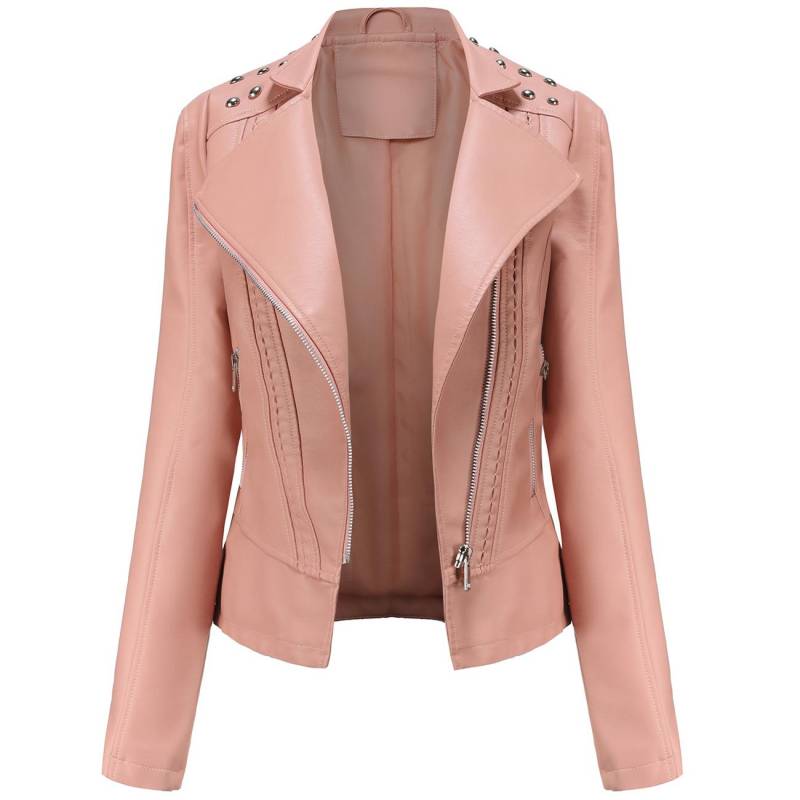 Damen Kunstlederjacke Moto Biker Kurzmantel PU Motorrad Racer Reverskragen Crop Blazer Punk Rock Stilvolle Oberbekleidung mit Nieten Fashion Tops Outfit XS schwarz von Joom DACH