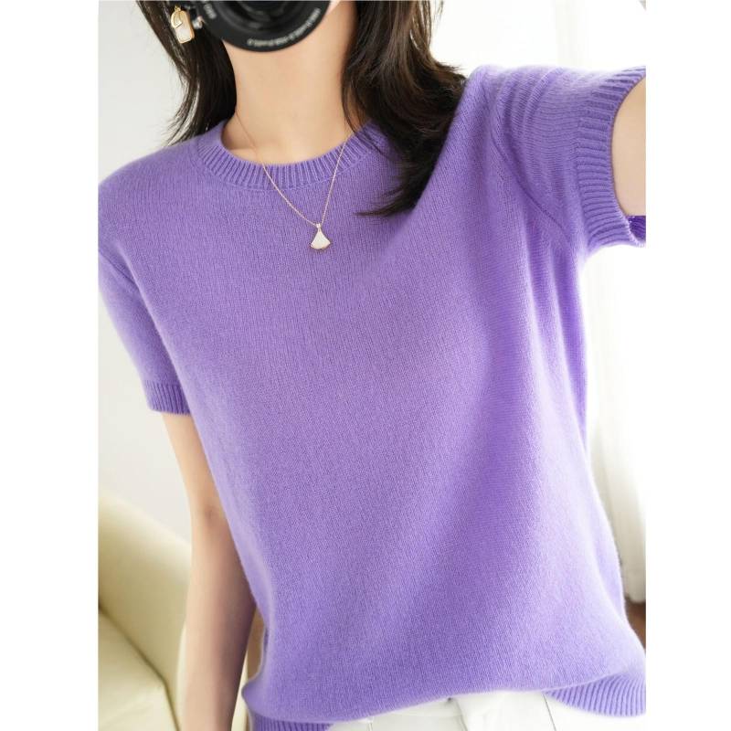 Damen-Kurzarm-Strickpullover mit Rundhalsausschnitt, lockeres, dünnes Oberteil S violett von Joom DACH