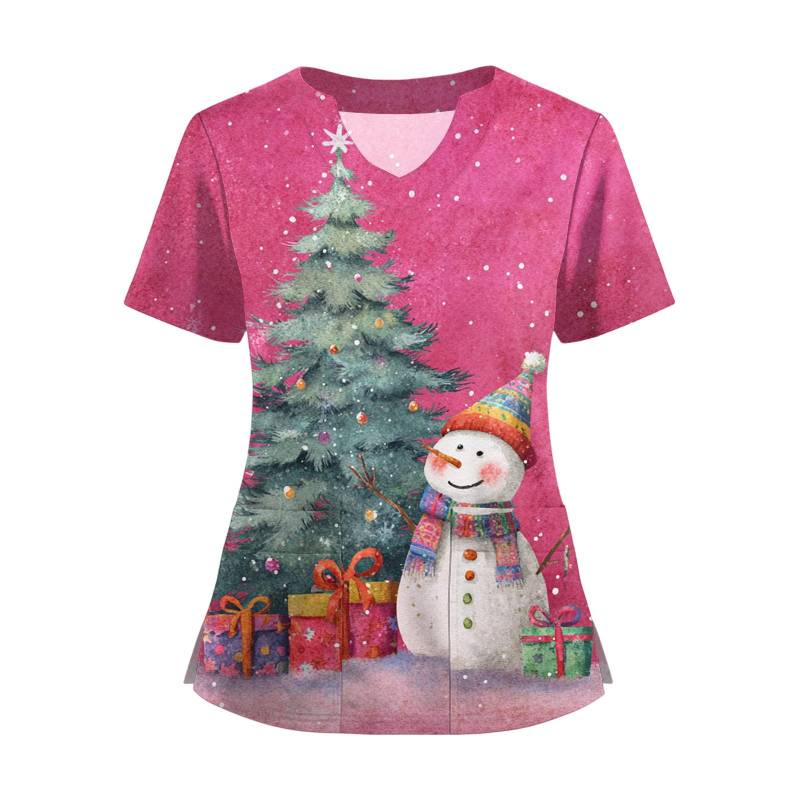 Damen Kurzarm Weihnachts-Print V-Ausschnitt Knopfleiste Seitenschlitz Top T-Shirt XXL von Joom DACH