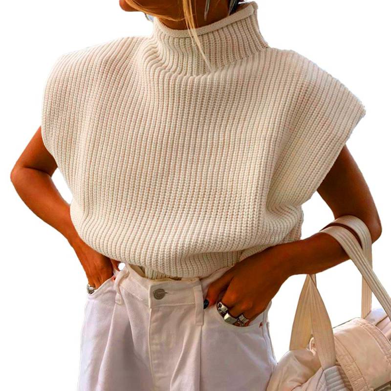 Damen Kurzarmpullover Weste Y2k Ärmellose Pullover Tops Rollkragen Rippstrickpullover Elegant S beige von Joom DACH