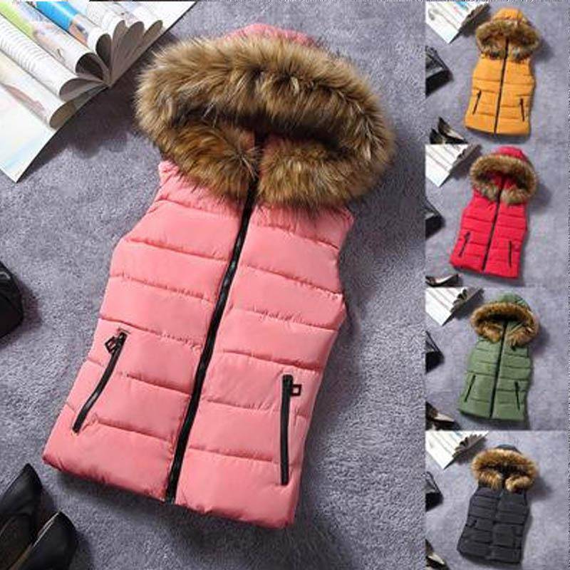 Damen Kurze Oberbekleidung Baumwolle gefütterte Jacken Tasche Faux Kapuze Weste Mäntel L rosa von Joom DACH