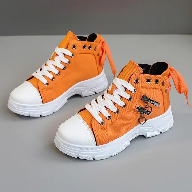 Damen Kurze Stiefel Sneakers High Top Damen Denim Canvas Schuhe Damen Sneaker Studenten Freizeitschuhe für Damen Plateau Damenschuhe 43 orange von Joom DACH