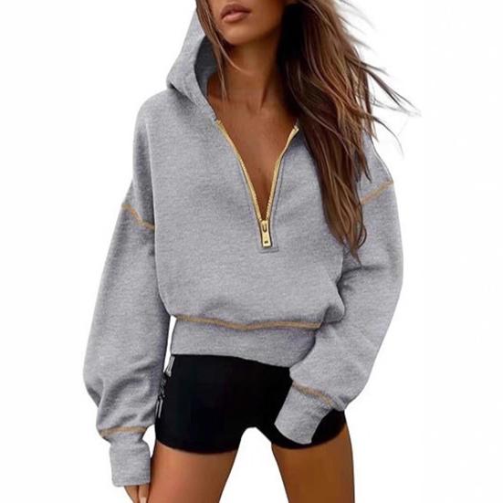Damen Kurzes Sweatshirt Einfarbig Langarm Pullover Kapuzensweatshirt Locker Geschnitten Reißverschluss Halbe Knopfleiste Oberteile S grau von Joom DACH