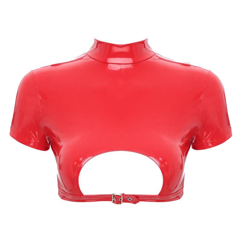 Damen Lackleder Crop Top Rollkragen Design Cutout Rücken Reißverschluss Clubwear Disco Kleidung L rot von Joom DACH