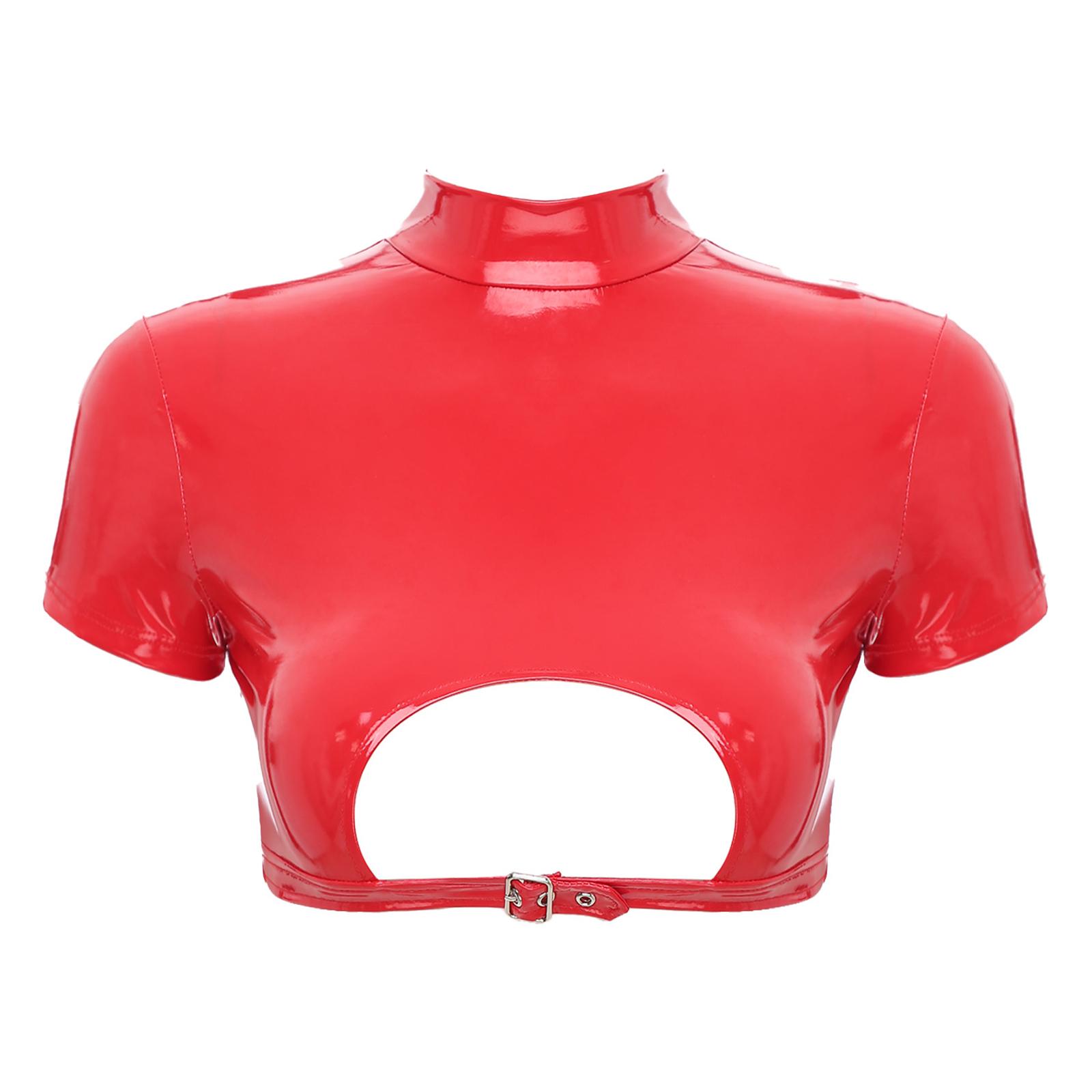 Damen Lackleder Crop Top Rollkragen Design Cutout Rücken Reißverschluss Clubwear Disco Kleidung M rot von Joom DACH