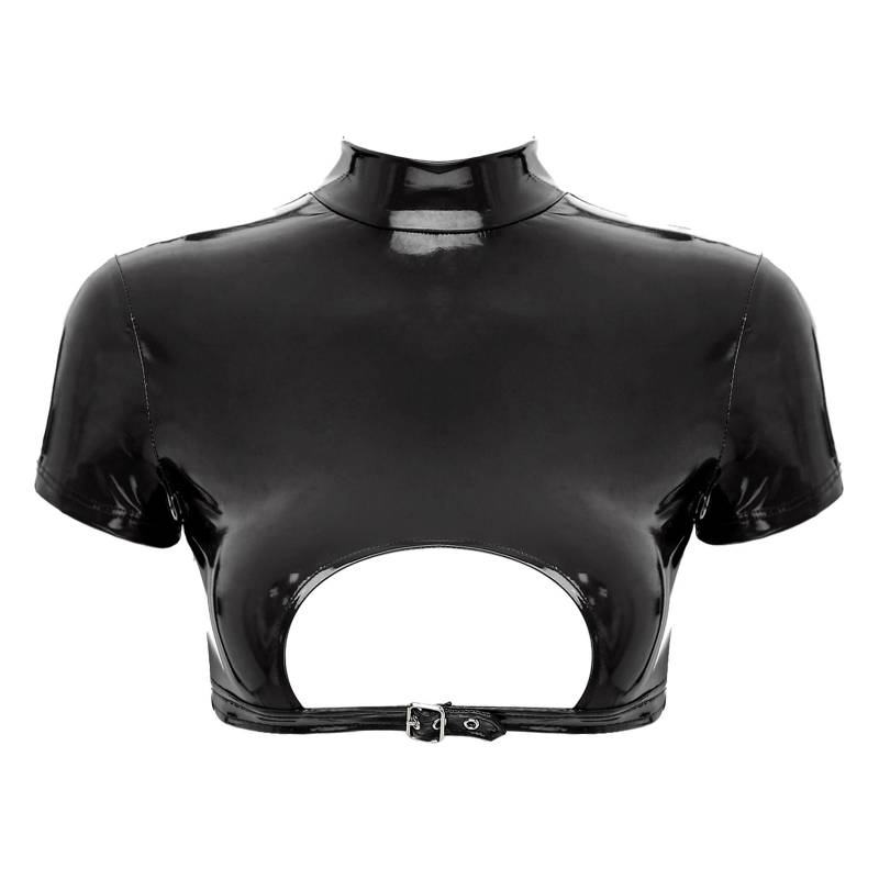 Damen Lackleder Crop Top Rollkragen Design Cutout Rücken Reißverschluss Clubwear Disco Kleidung XL schwarz von Joom DACH