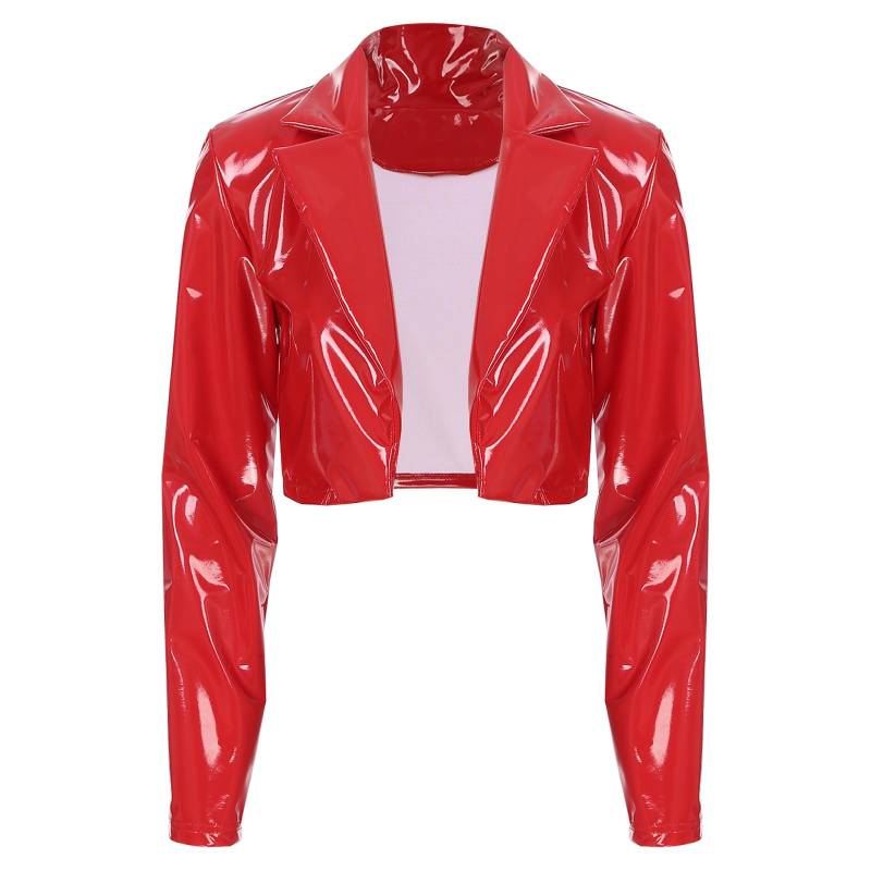 Damen Lackleder Kurzjacke Wetlook Revers Design Langarm Partymantel M rot von Joom DACH