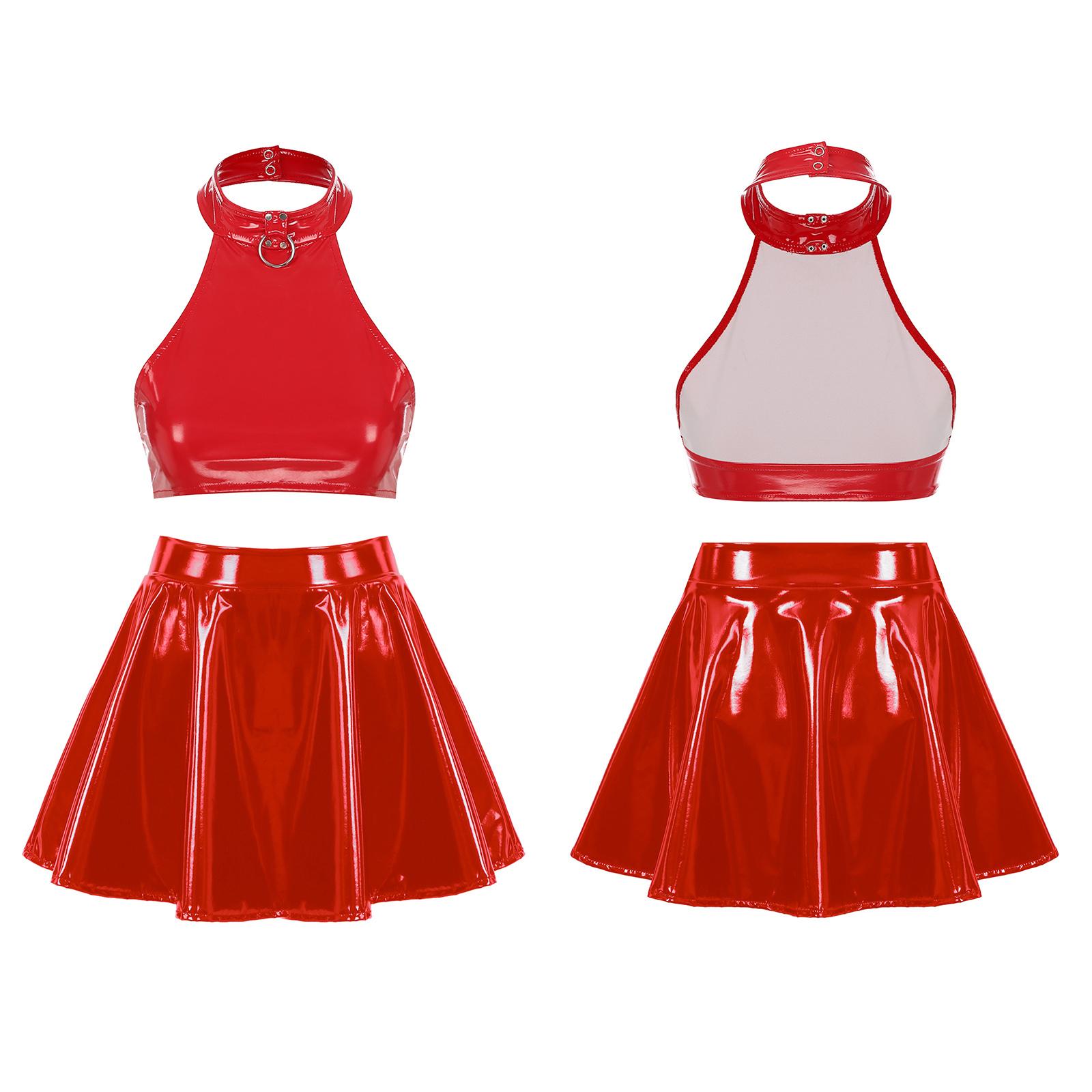 Damen Lackleder-Neckholder-Weste und Minirock, hohe Taille, A-Linie, Faltenrock, Disco, Rave, Tanzkostüm, Clubwear XL heißes rosa von Joom DACH