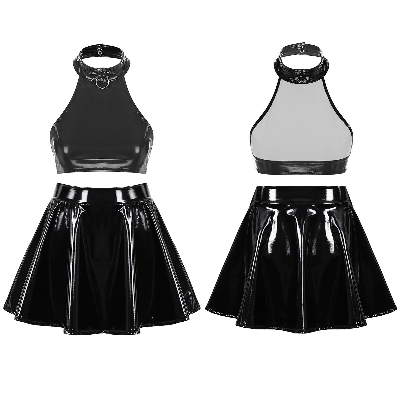 Damen Lackleder-Neckholder-Weste und Minirock, hohe Taille, A-Linie, Faltenrock, Disco, Rave, Tanzkostüm, Clubwear XL schwarz von Joom DACH