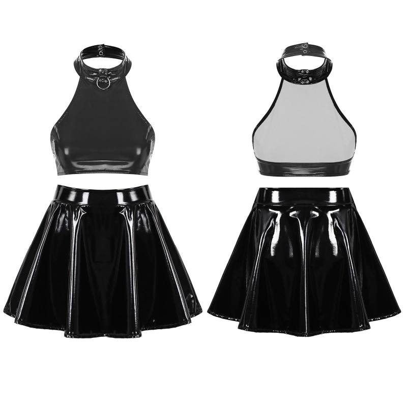Damen Lackleder-Neckholder-Weste und Minirock, hohe Taille, A-Linie, Faltenrock, Disco, Rave, Tanzkostüm, Clubwear XL schwarz von Joom DACH