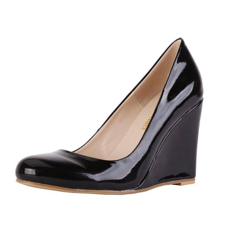 Damen Lackleder Plateau Peeptoe Hohe Keilabsätze 8CM Absatz Hochzeitsparty Pumps für Schuhe 39 schwarz von Joom DACH