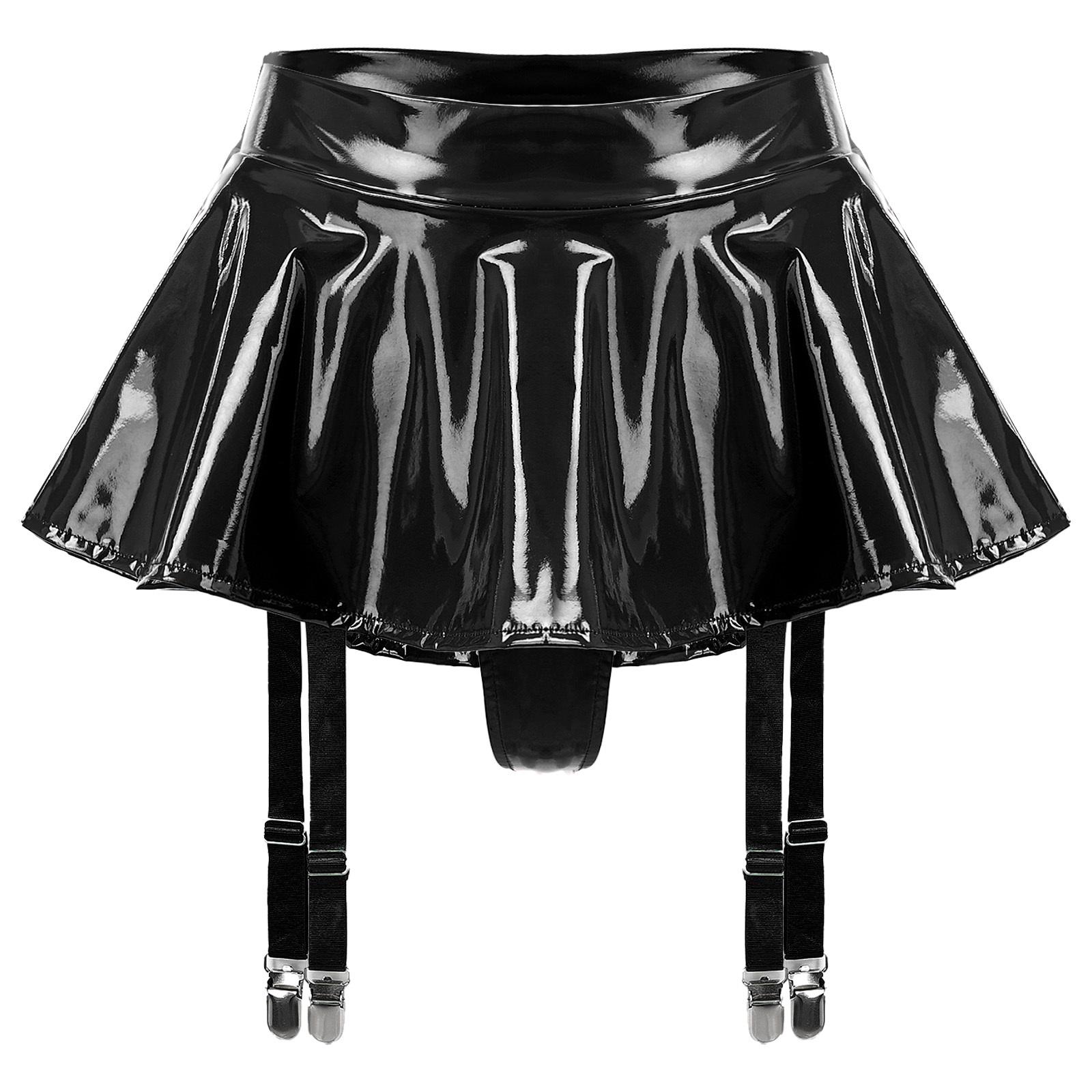 Damen Lackleder Rüschenrock mit integrierten Tangas und Strumpfhalterclips, Mini-Clubwear L schwarz von Joom DACH