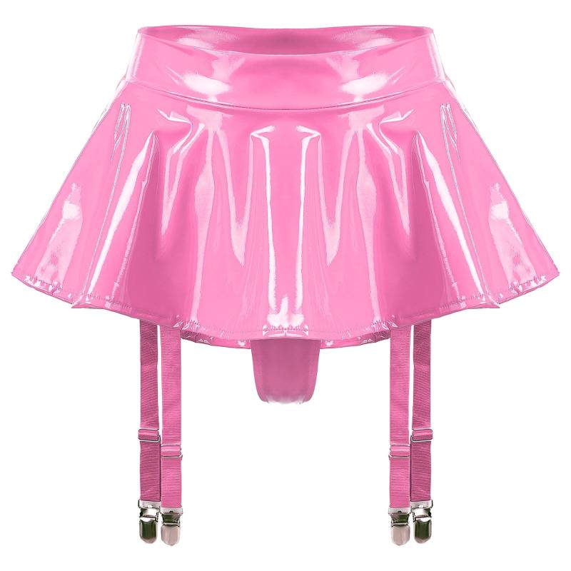 Damen Lackleder Rüschenrock mit integrierten Tangas und Strumpfhalterclips, Mini-Clubwear S heißes rosa von Joom DACH