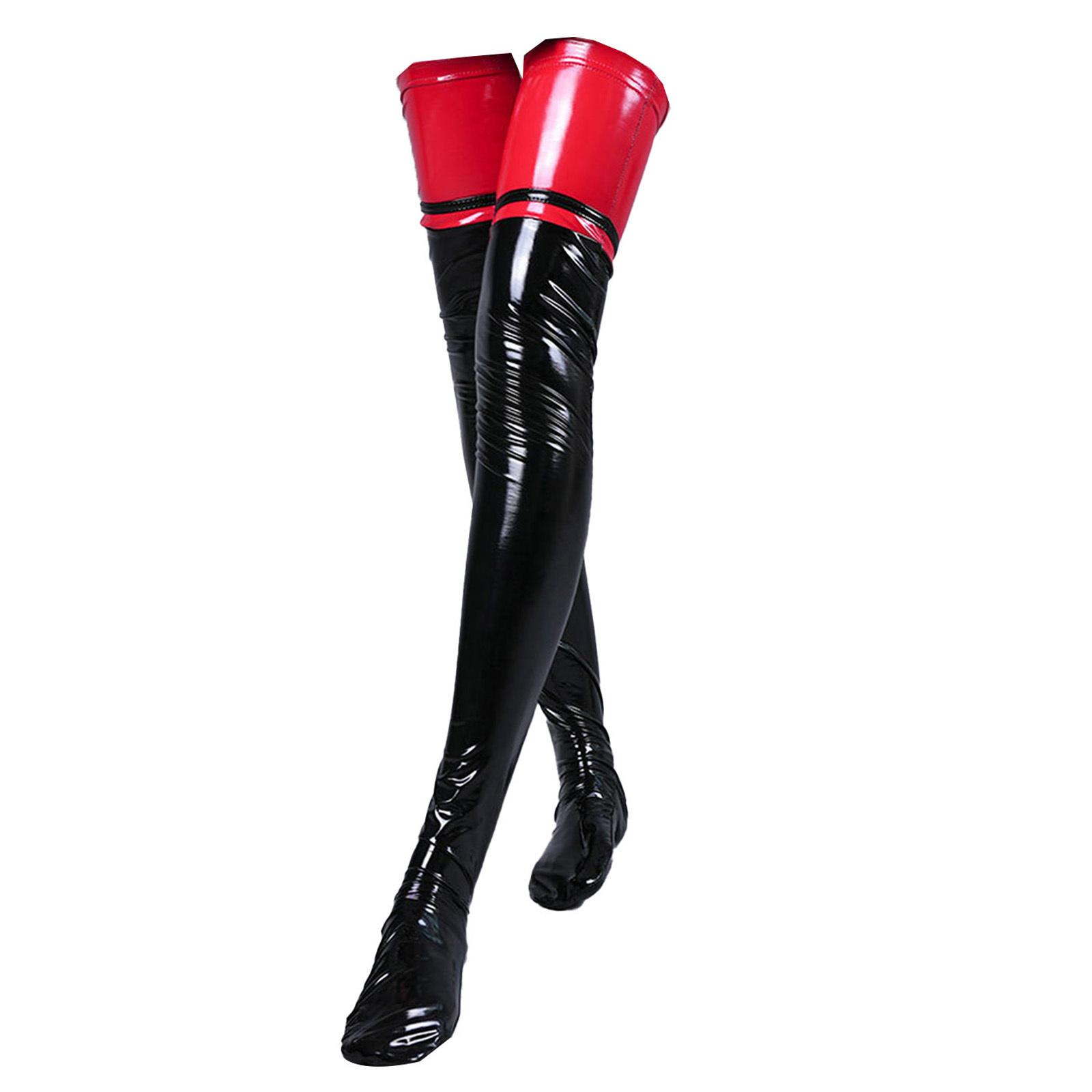 Damen Lackleder Strümpfe Overknee Lange Socken für Rock Accessoires One Size rot/schwarz von Joom DACH