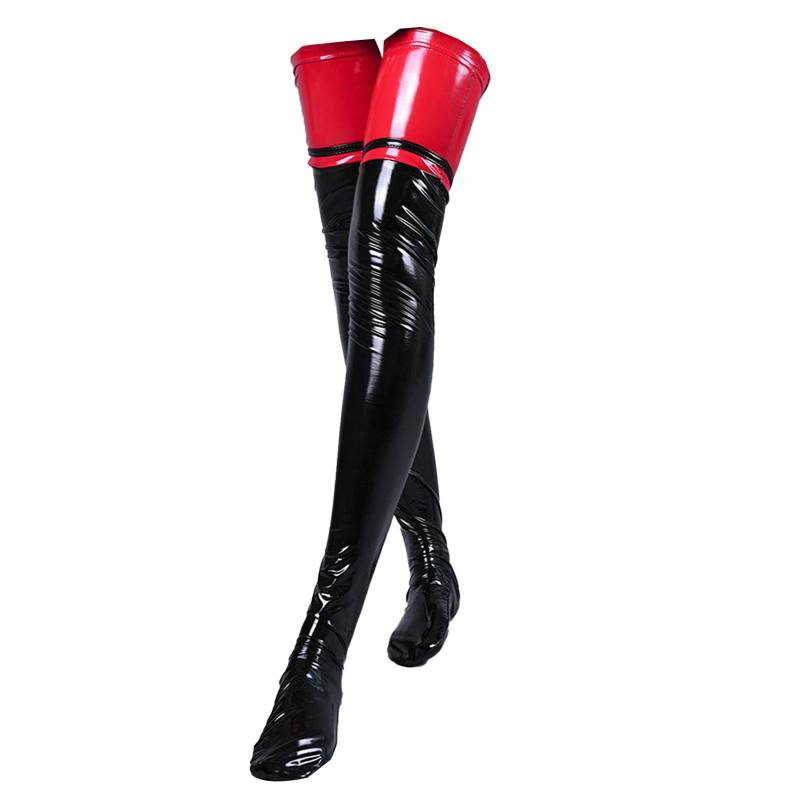 Damen Lackleder Strümpfe Overknee Lange Socken für Rock Accessoires One Size schwarz/rot von Joom DACH