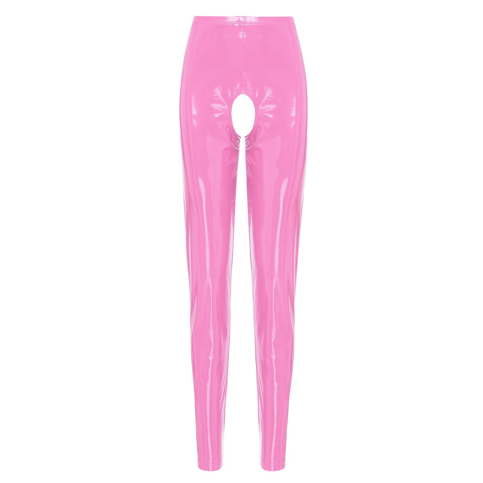 Damen Lacklederhose mit offenem Schritt, hohe Taille, elastische Leggings, glänzend, Clubwear XL rosa von Joom DACH