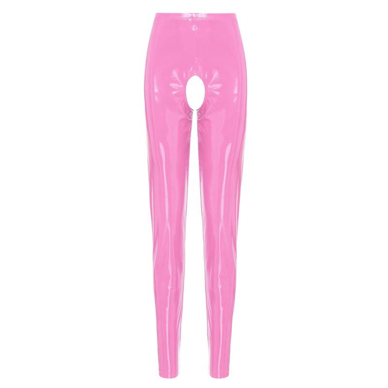 Damen Lacklederhose mit offenem Schritt, hohe Taille, elastische Leggings, glänzend, Clubwear XL rosa von Joom DACH