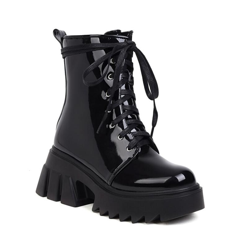 Damen Lacklederstiefel Hellgelb Klobige High Heels Gothic Stiefel Plateauschuhe Lady Schnürschuhe 44 von Joom DACH