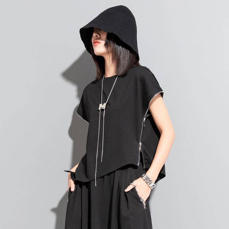 Damen Lässiges Locker Geschnittenes Ärmelloses T-Shirt mit Reißverschluss und Aufschlagdesign L (115-140 jin) schwarz von Joom DACH