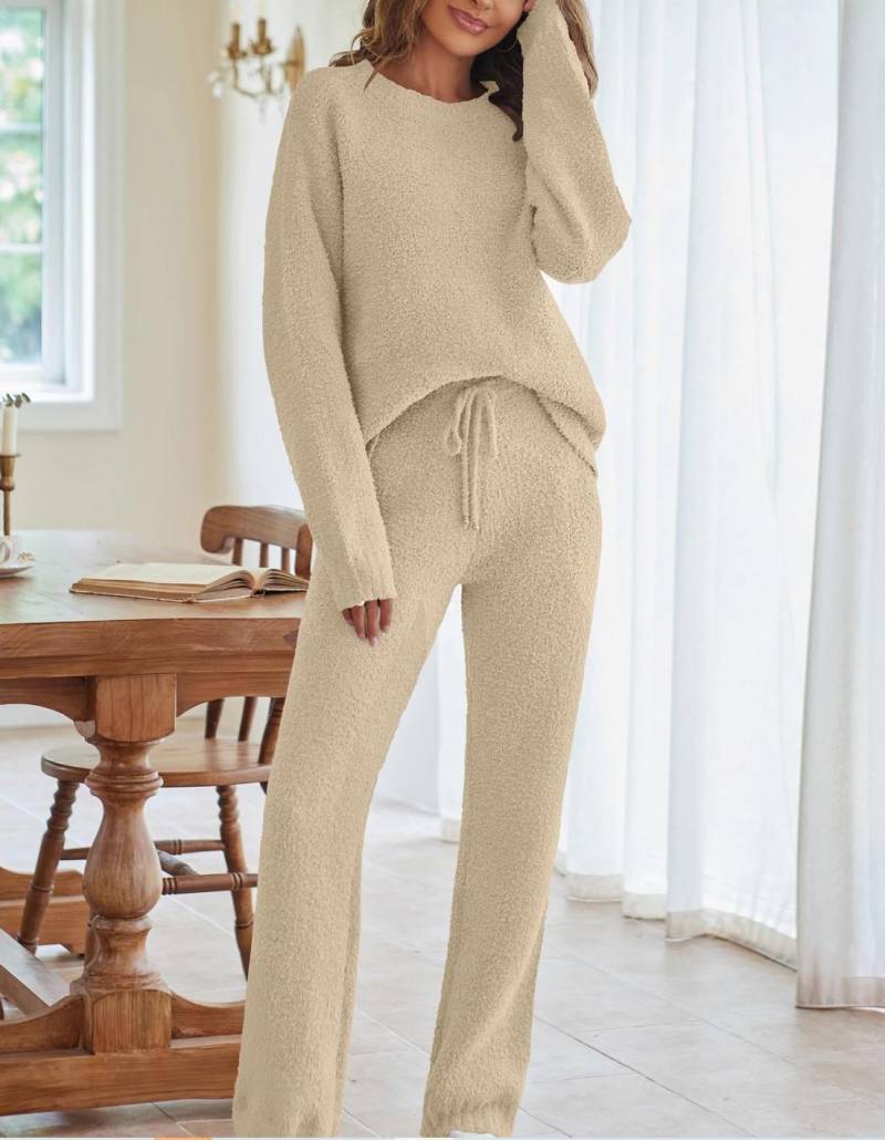 Damen Lässiges Lounge-Set - Weiches Fleece Langarm-Oberteil & Jogginghose mit Kordelzug L khaki von Joom DACH