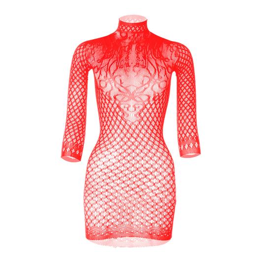 Damen Langarm Bodycon Mini Kleid Mock Neck Cut-Out Transparentes Mesh rot von Joom DACH