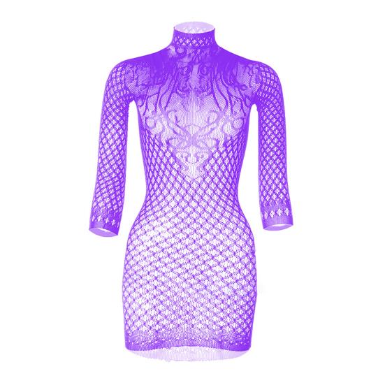 Damen Langarm Bodycon Mini Kleid Mock Neck Cut-Out Transparentes Mesh violett von Joom DACH
