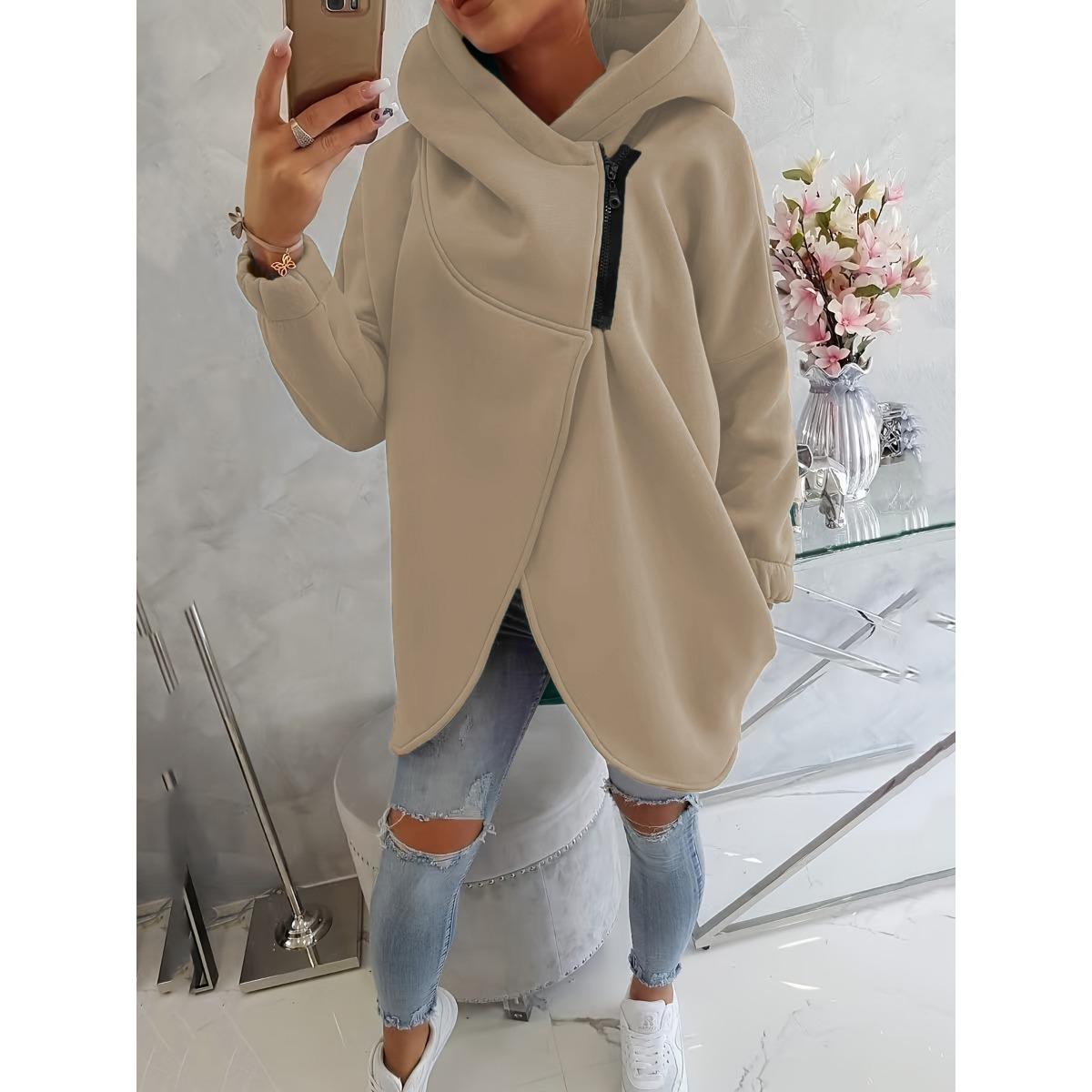 Damen Langarm Casual Schwarze Kapuzenjacke Sweatshirt mit Vordertasche Reißverschluss Hoodie S khaki von Joom DACH