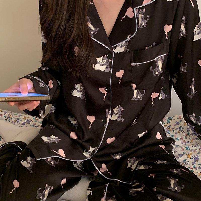 Damen Langarm-Pyjama aus Eis-Seide - Herz-Ballon-Design, Frühling/Sommer, Dünner Stil für Wohnheim- oder Hauskleidung. M (80-100 jin) von Joom DACH