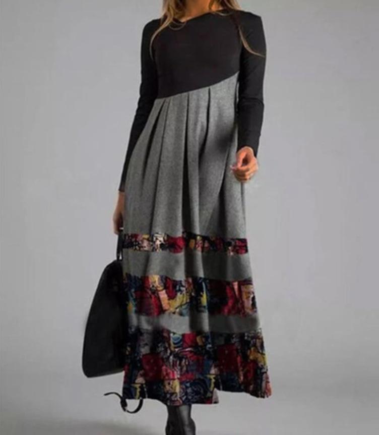 Damen Langarm Schwarzes Oberteil mit Bedrucktem Maxi-Rock Kleid, Böhmisches Florales Geometrisches Muster, Mehrere Farboptionen M von Joom DACH