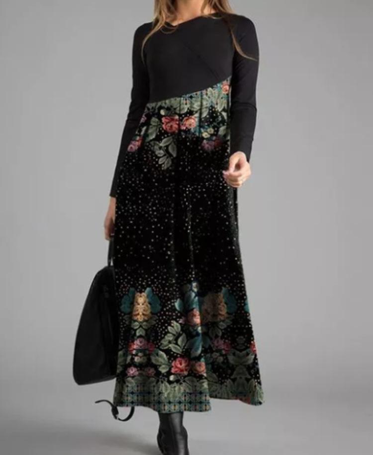Damen Langarm Schwarzes Oberteil mit Bedrucktem Maxi-Rock Kleid, Böhmisches Florales Geometrisches Muster, Mehrere Farboptionen M von Joom DACH