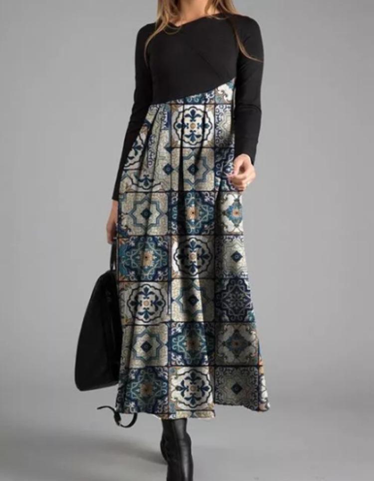 Damen Langarm Schwarzes Oberteil mit Bedrucktem Maxi-Rock Kleid, Böhmisches Florales Geometrisches Muster, Mehrere Farboptionen XXXL von Joom DACH