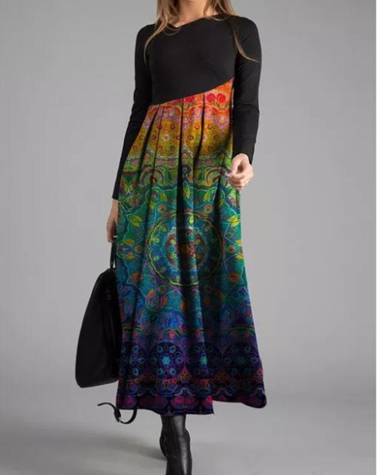 Damen Langarm Schwarzes Oberteil mit Bedrucktem Maxi-Rock Kleid, Böhmisches Florales Geometrisches Muster, Mehrere Farboptionen XXXL von Joom DACH