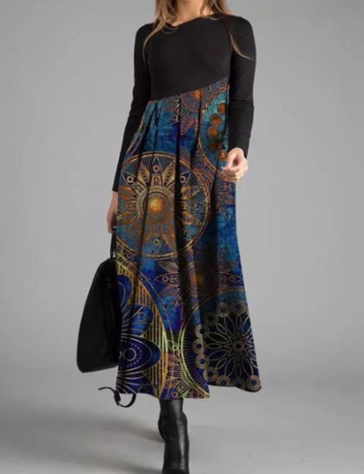 Damen Langarm Schwarzes Oberteil mit Bedrucktem Maxi-Rock Kleid, Böhmisches Florales Geometrisches Muster, Mehrere Farboptionen XXXL von Joom DACH