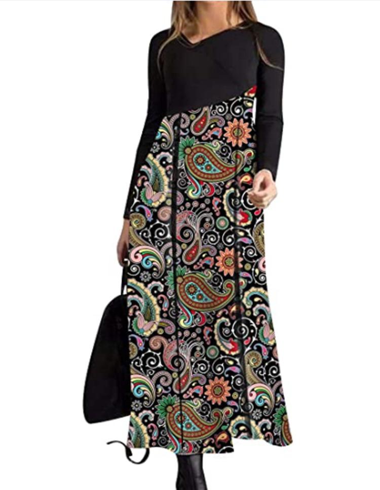 Damen Langarm Schwarzes Oberteil mit Bedrucktem Maxi-Rock Kleid, Böhmisches Florales Geometrisches Muster, Mehrere Farboptionen XXXL von Joom DACH