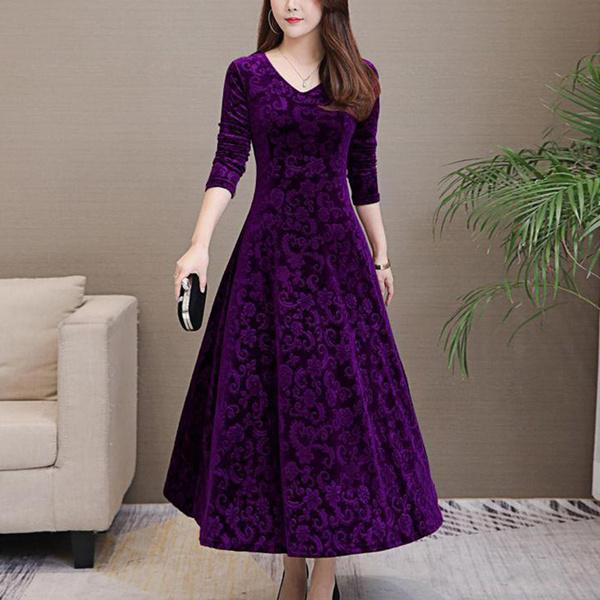 Damen Langarm Vintage Party Abendkleid Cocktail Swing Kleider XXL violett von Joom DACH