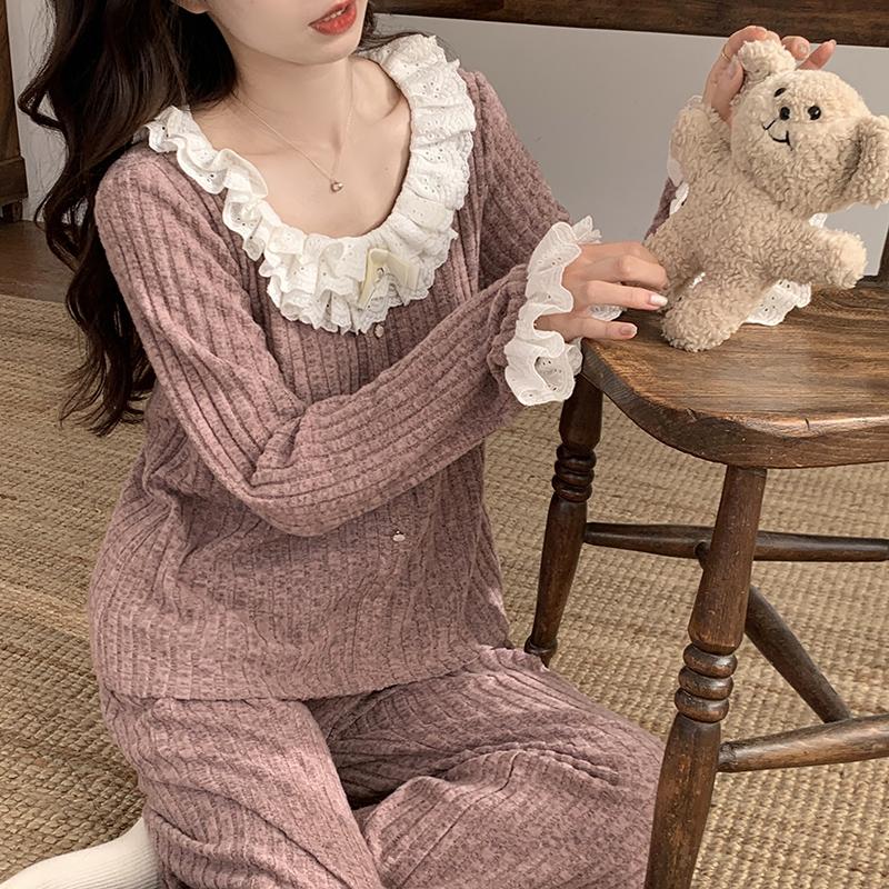 Damen Langarmhose Baumwolle Pyjama Einfarbig Spitze Pyjama Damen Schlafzimmer Hauskleidung Damen Pyjama XXL von Joom DACH