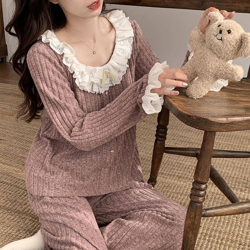 Damen Langarmhose Baumwolle Pyjama Einfarbig Spitze Pyjama Damen Schlafzimmer Hauskleidung Damen Pyjama XXL von Joom DACH