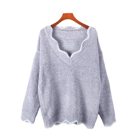 Damen Langarmpullover Lockerer Schnitt V-Ausschnitt Strickpullover Damen Casual Jumper Pullover XXL grau von Joom DACH