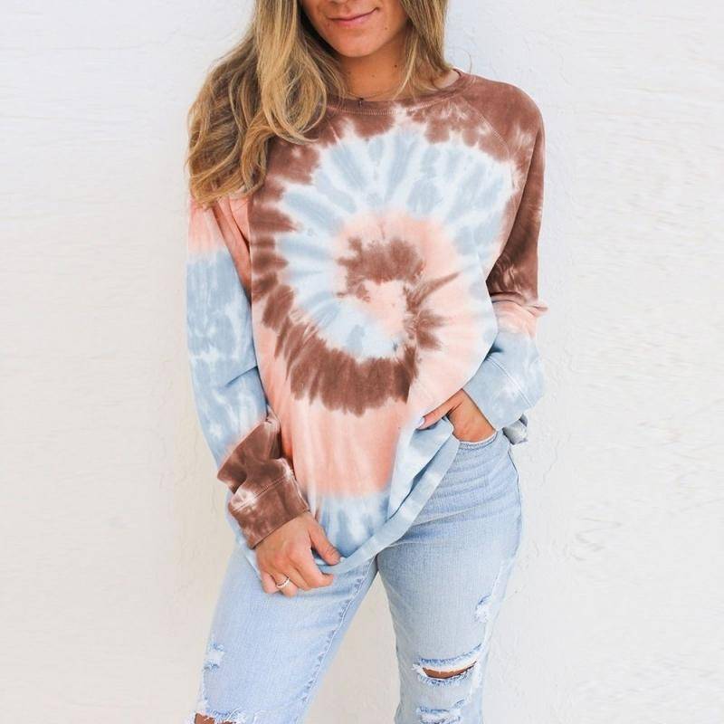 Damen Langarmshirt mit Batikmuster und Crop Tops, modisch, lässig, lockere Baumwolle, T-Shirts, Damen-T-Shirts, O-Ausschnitt, Pullover XL braun von Joom DACH