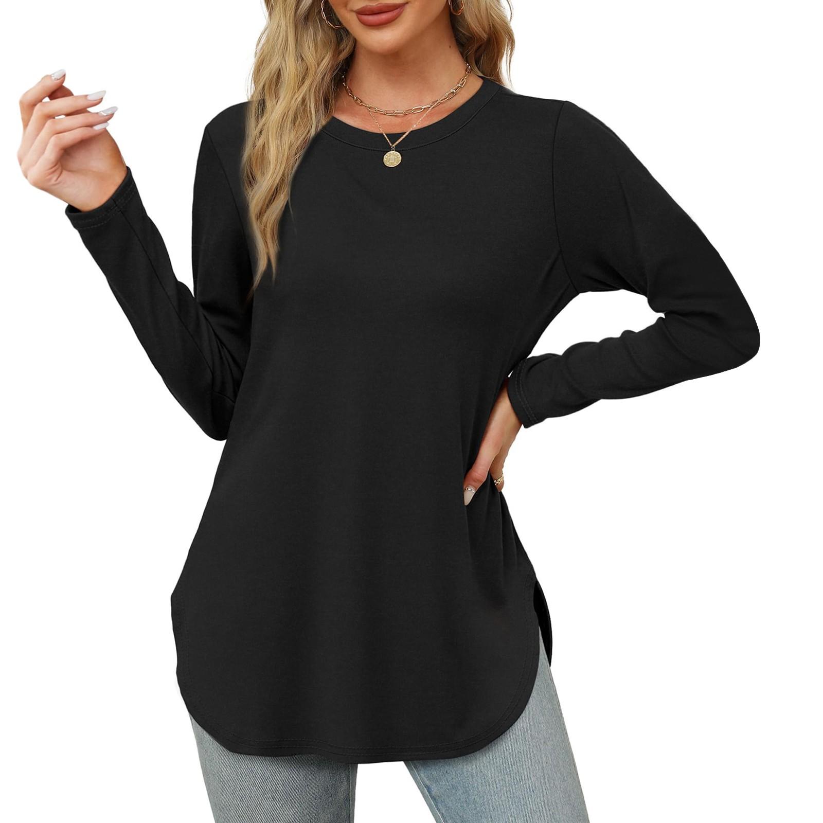 Damen Langarmshirt mit Rundhalsausschnitt, seitlicher Schlitz, Basic, lockere Tunika-Oberteile, Freizeithemden S schwarz von Joom DACH