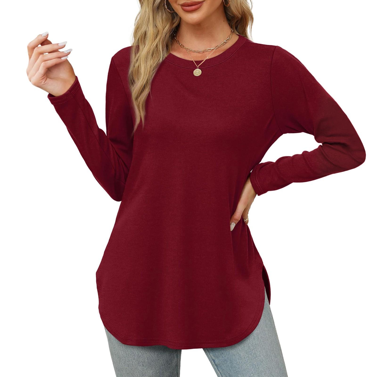 Damen Langarmshirt mit Rundhalsausschnitt, seitlicher Schlitz, Basic, lockere Tunika-Oberteile, Freizeithemden S weinrot von Joom DACH