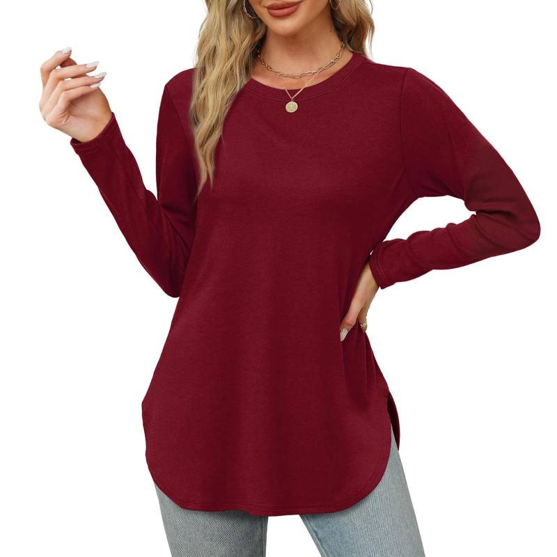 Damen Langarmshirt mit Rundhalsausschnitt, seitlicher Schlitz, Basic, lockere Tunika-Oberteile, Freizeithemden S weinrot von Joom DACH