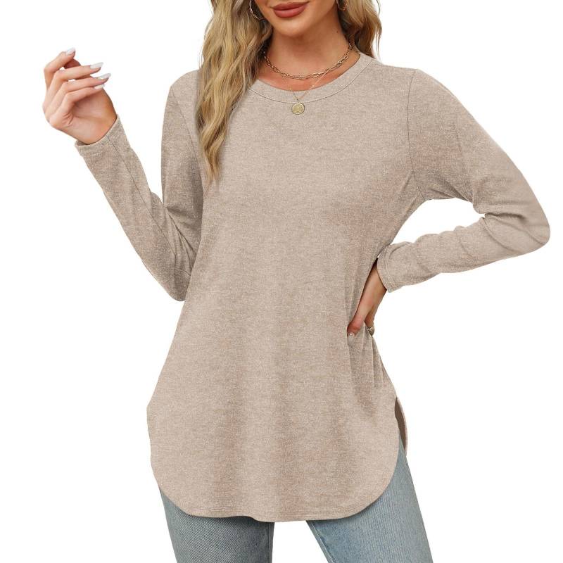 Damen Langarmshirt mit Rundhalsausschnitt, seitlicher Schlitz, Basic, lockere Tunika-Oberteile, Freizeithemden XL beige von Joom DACH